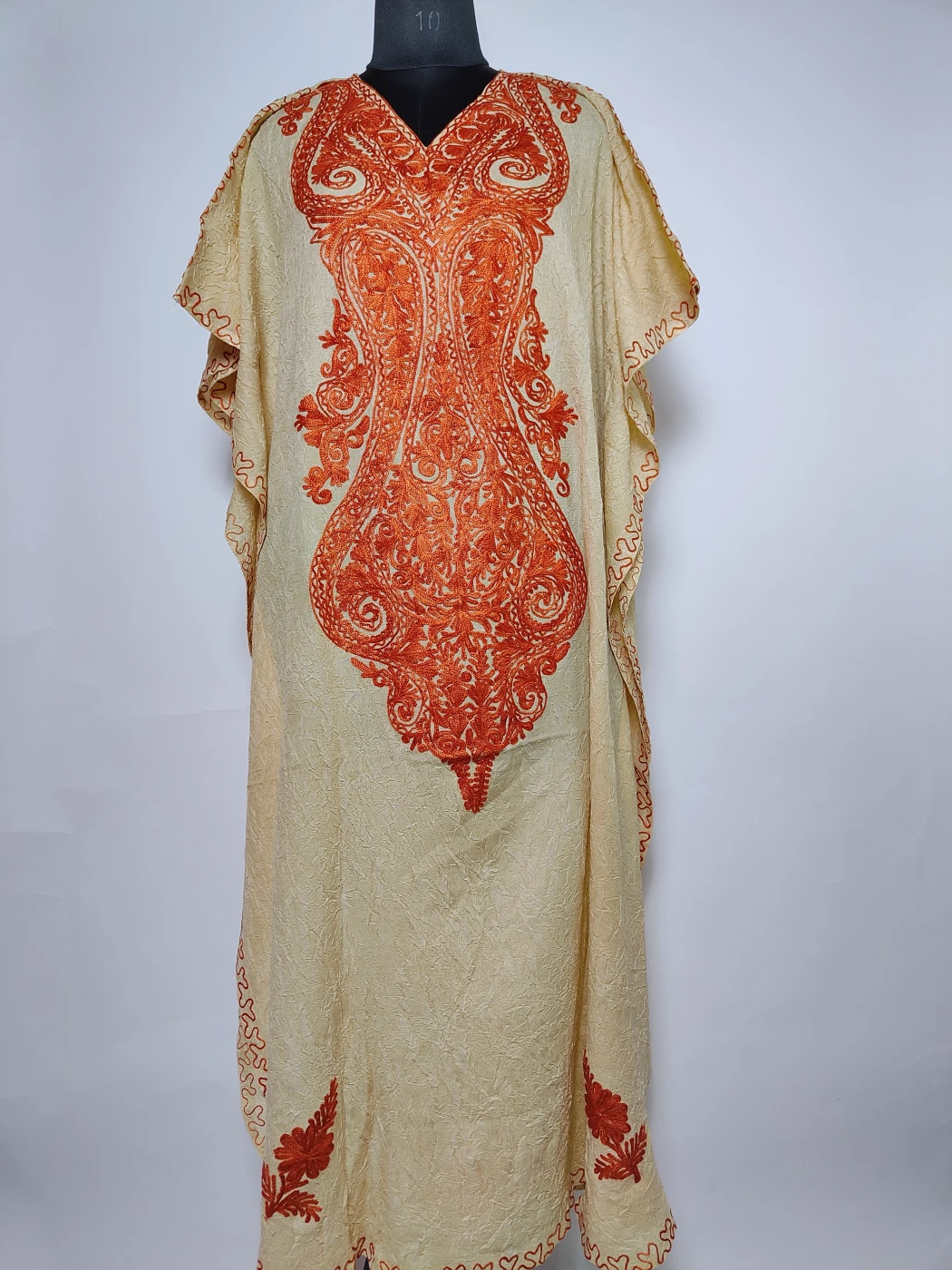 Light Beige Long Kaftan in Crush Cotton with Aari Embroidery