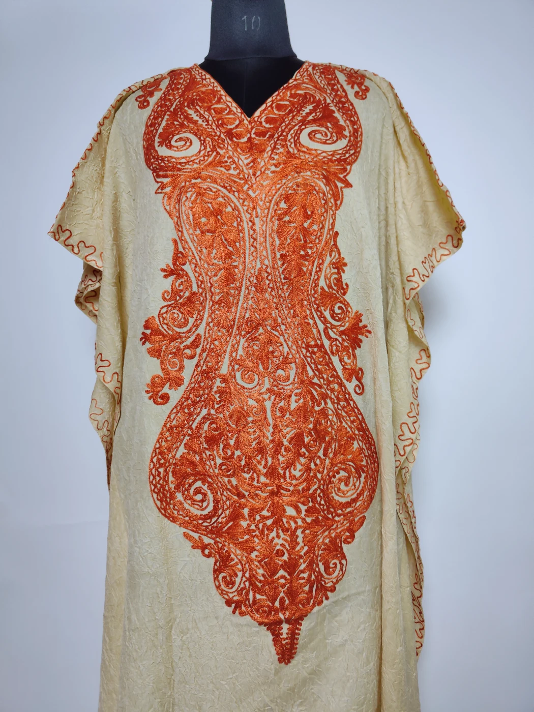 Light Beige Long Kaftan in Crush Cotton with Aari Embroidery - Image 2