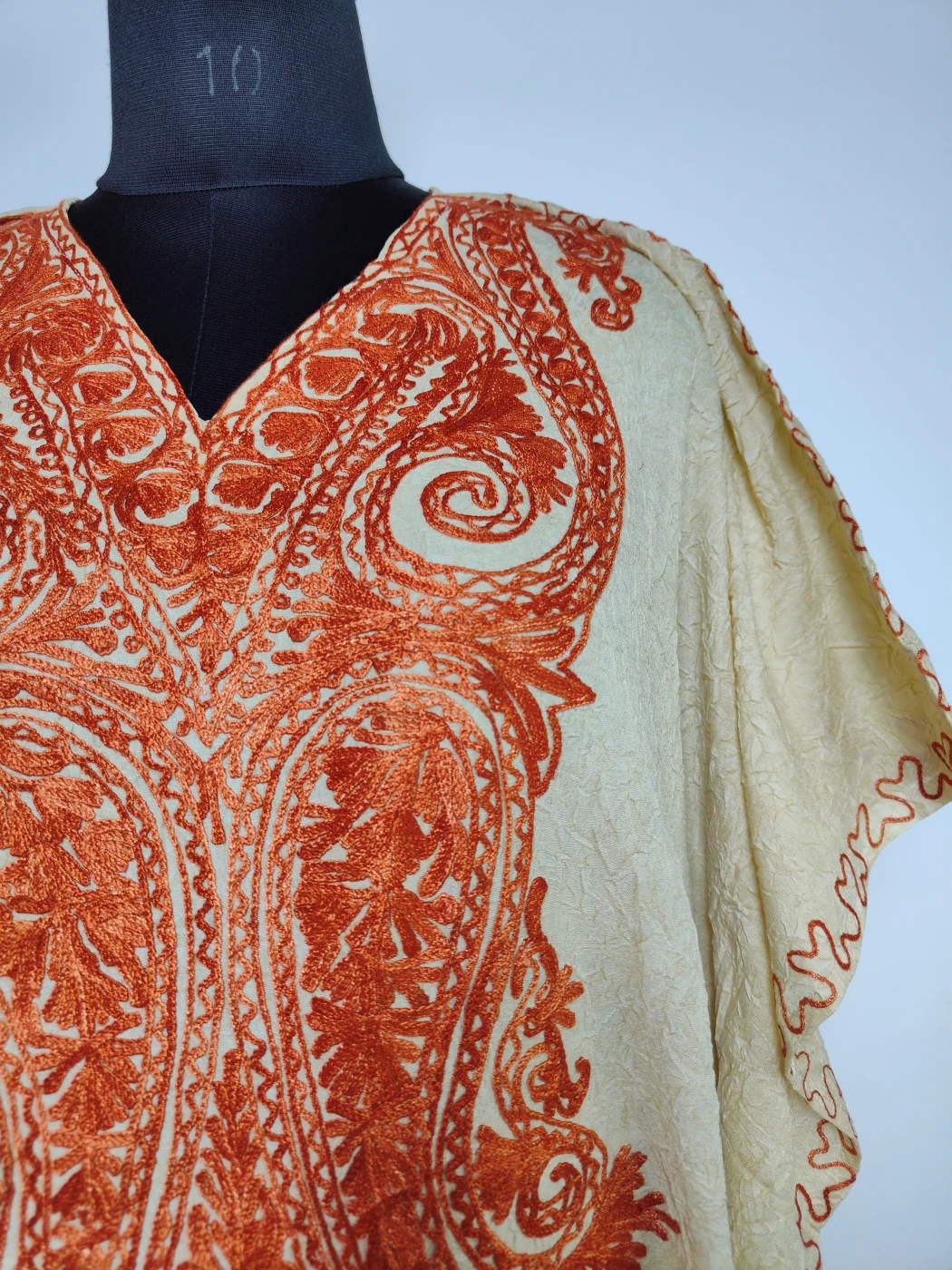 Light Beige Long Kaftan in Crush Cotton with Aari Embroidery - Image 3