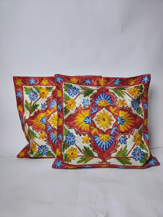 Gulbagh Kashmiri White Cushion Cover with Hand Chain-Stitch Embroidery | Set of 2 | 16*16