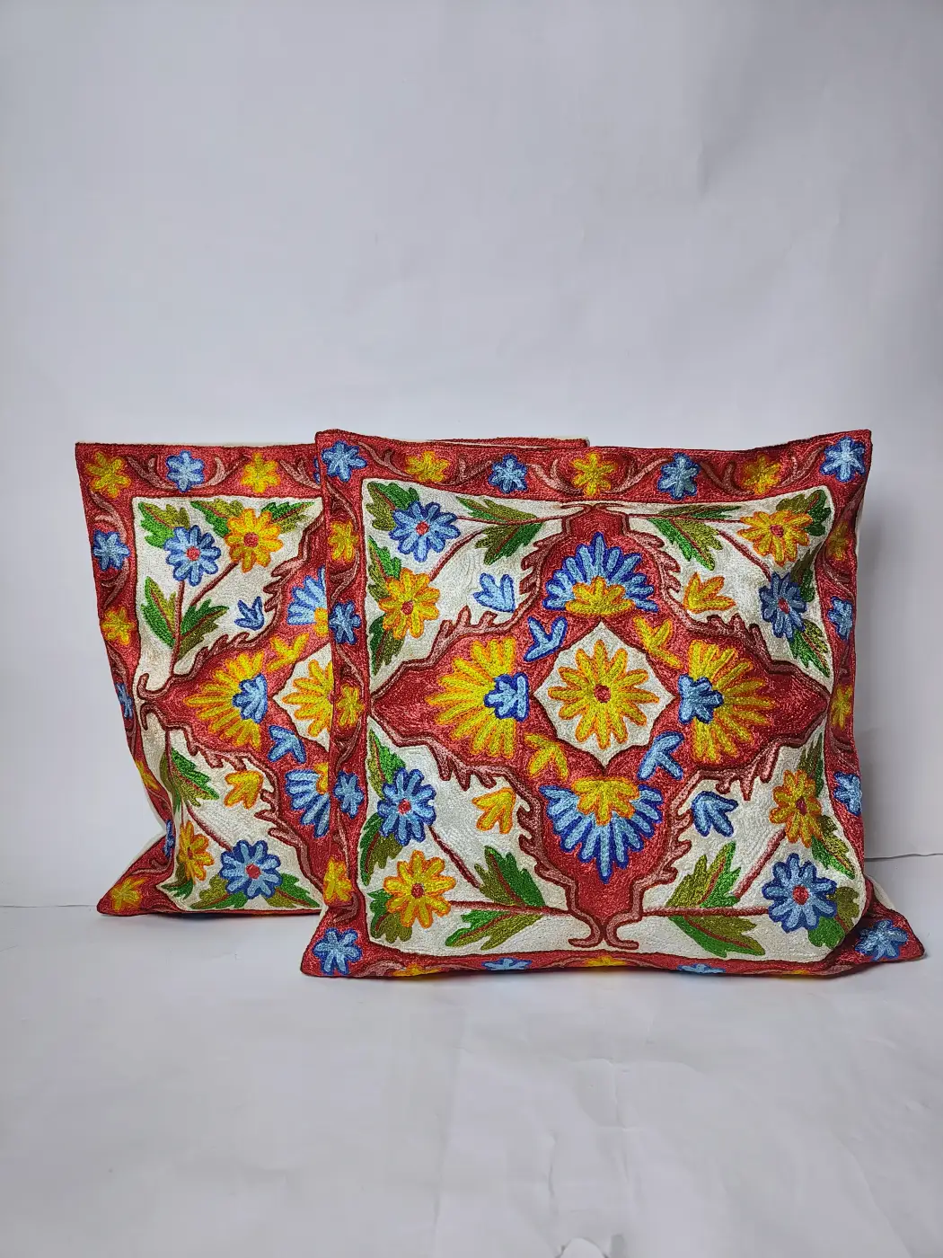 Gulbagh Kashmiri White Cushion Cover with Hand Chain-Stitch Embroidery | Set of 2 | 16*16