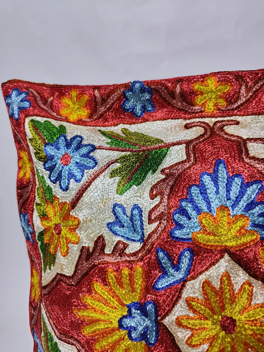 Gulbagh Kashmiri White Cushion Cover with Hand Chain-Stitch Embroidery | Set of 2 | 16*16 - Image 2