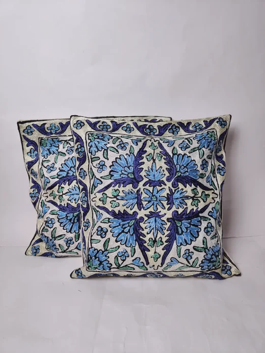 Kashmiri White Cushion Cover with Sabzkar Hand Chain-Stitch Embroidery | Set of 2 | 16*16