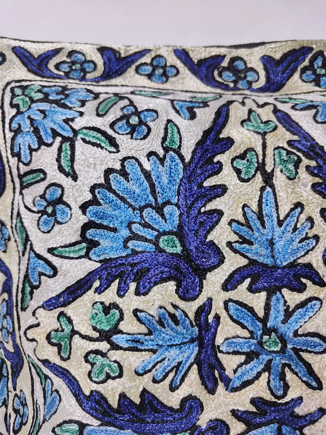 Kashmiri White Cushion Cover with Sabzkar Hand Chain-Stitch Embroidery | Set of 2 | 16*16 - Image 2