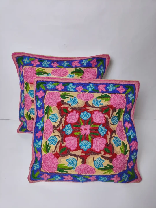 White Cushion Cover from Kashmir with Hand Chain-Stitch Embroidery