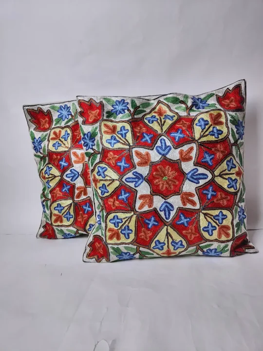 Mehrban Kashmiri Cushion Cover with Hand Chain-Stitch Embroidery | Set of 2 | 16*16