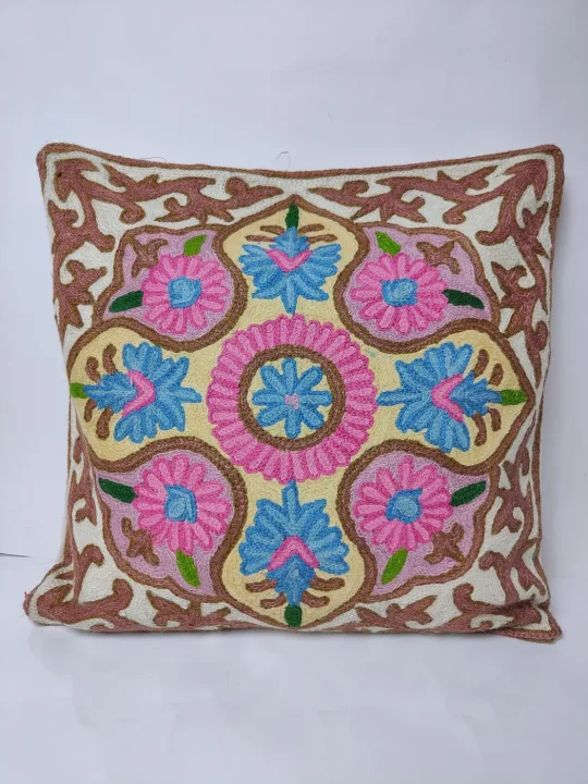 White Cushion Cover from Kashmir with Hand Chain-Stitch Embroidery