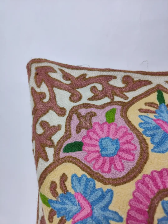 White Cushion Cover from Kashmir with Hand Chain-Stitch Embroidery