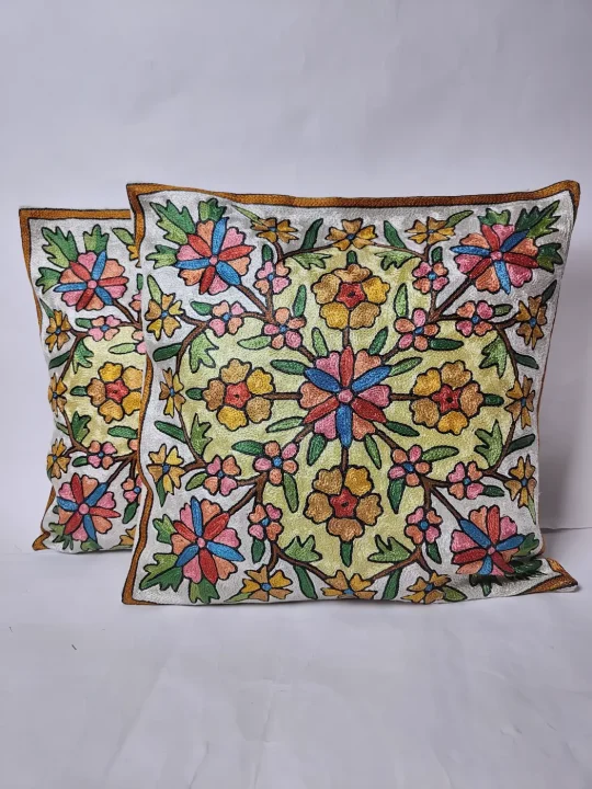 Kashmiri Cushion Cover Rangdar with Hand Chain-Stitch Embroidery | Set of 2 | 16*16