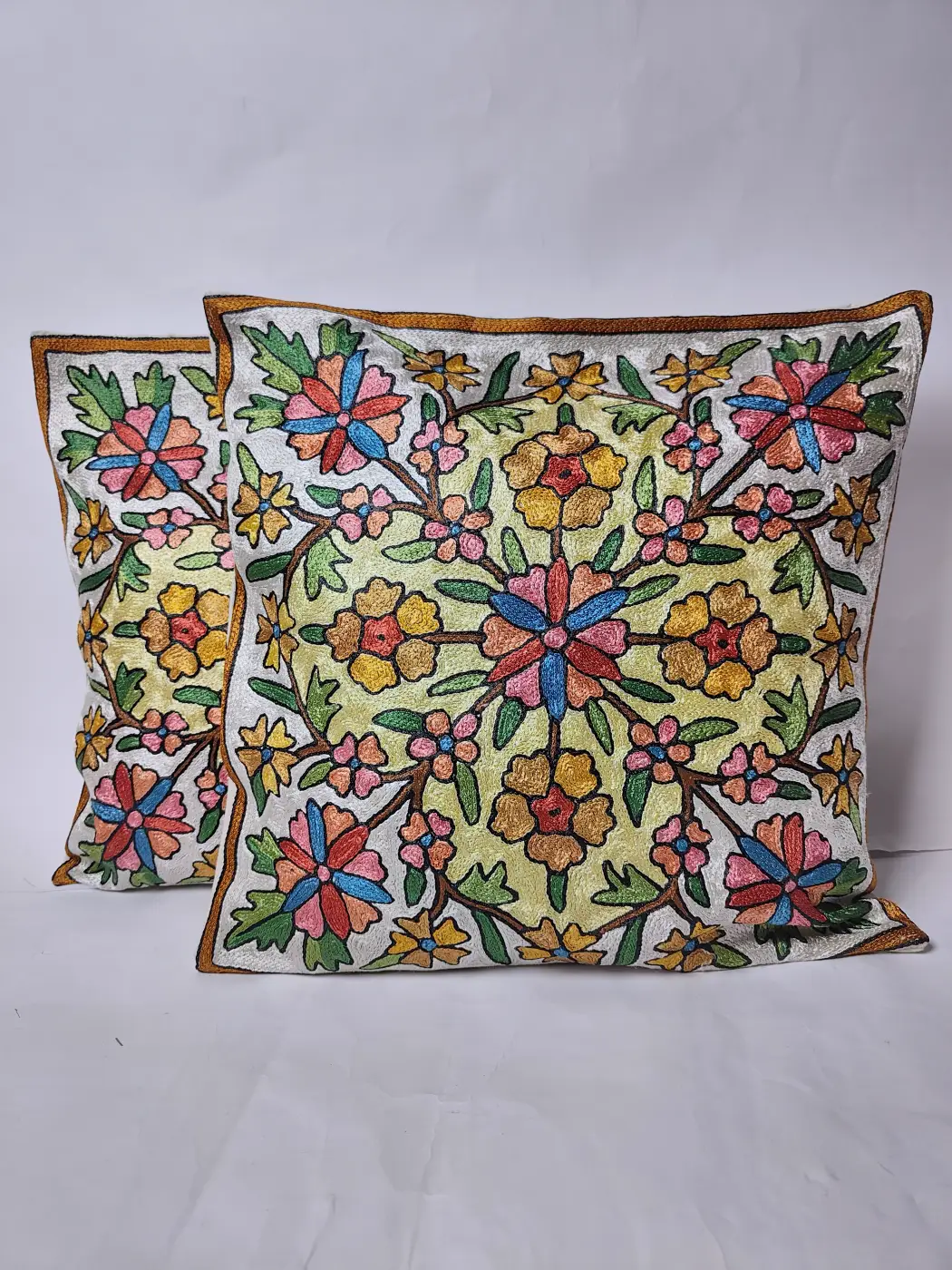 Kashmiri Cushion Cover Rangdar with Hand Chain-Stitch Embroidery | Set of 2 | 16*16