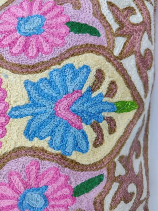 White Cushion Cover from Kashmir with Hand Chain-Stitch Embroidery