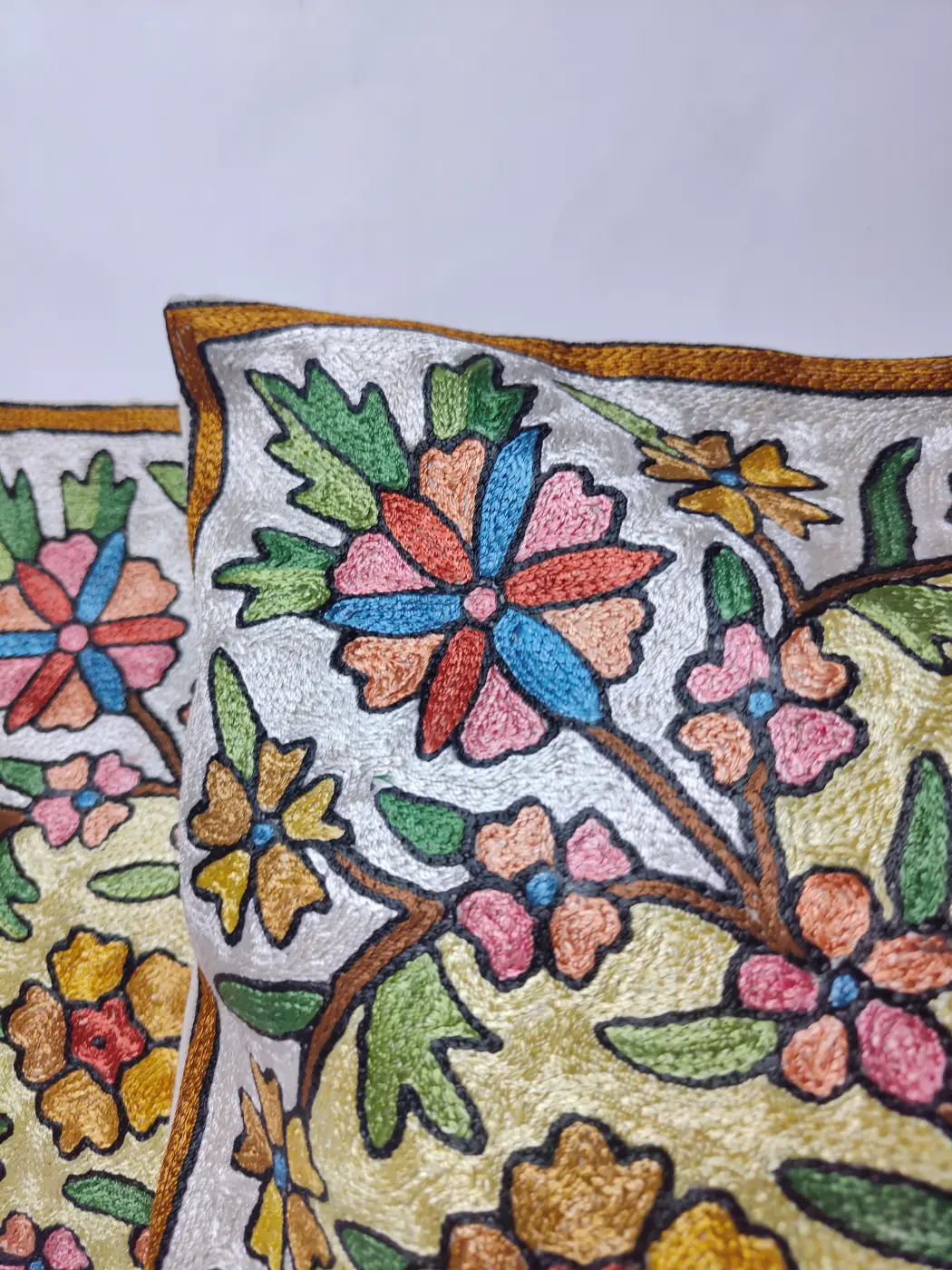 Kashmiri Cushion Cover Rangdar with Hand Chain-Stitch Embroidery | Set of 2 | 16*16 - Image 2