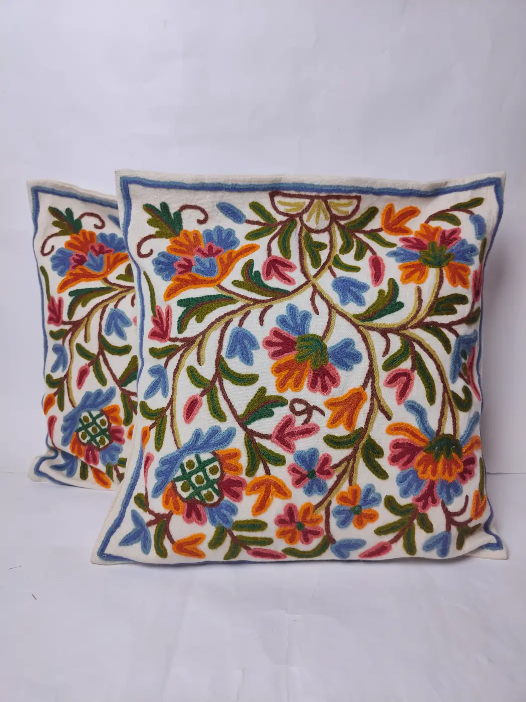 Kashmiri White Cushion Cover with Hand Chain-Stitch Embroidery | Set of 2 | 16*16
