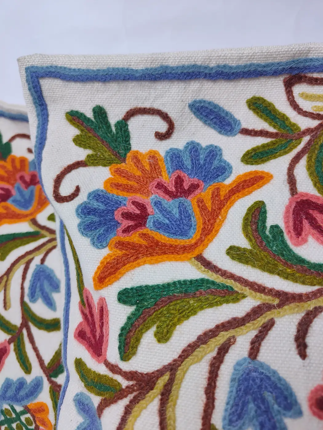 Kashmiri White Cushion Cover with Crewel Embroidery | Set of 2 | 16*16 - Image 3