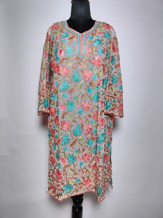 Baby Pink Kashmiri Long Kurti in Georgette with Chinari Aari Embroidery