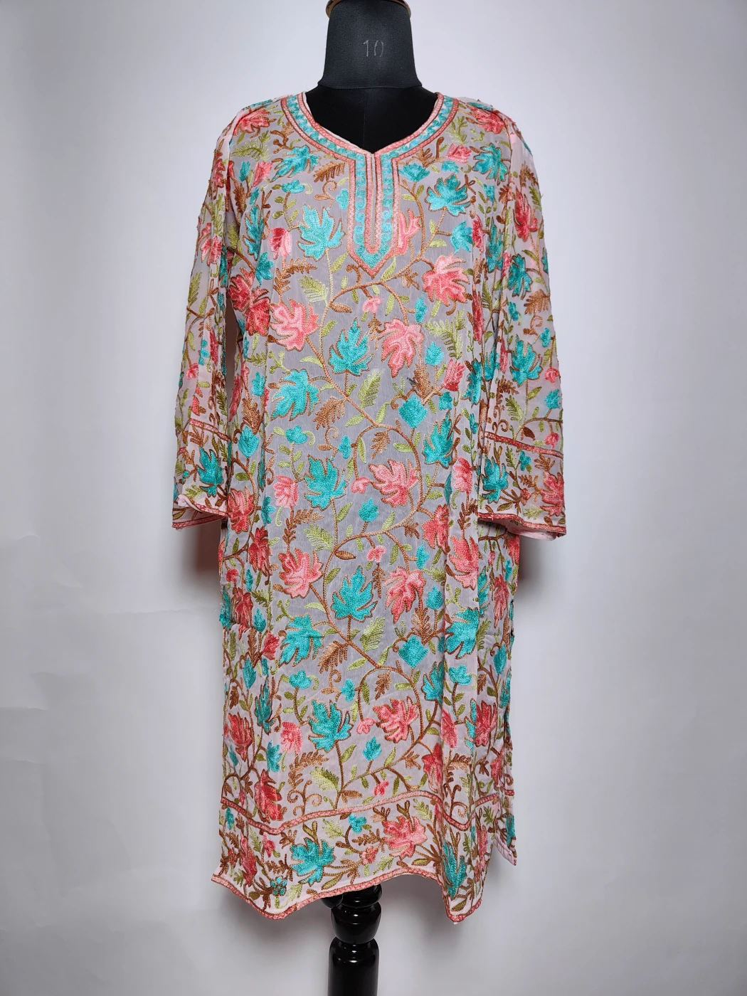 Baby Pink Kashmiri Long Kurti in Georgette with Chinari Aari Embroidery