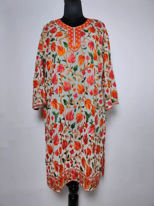 Kashmiri Long Kurti in White Georgette with Chinari Aari Embroidery