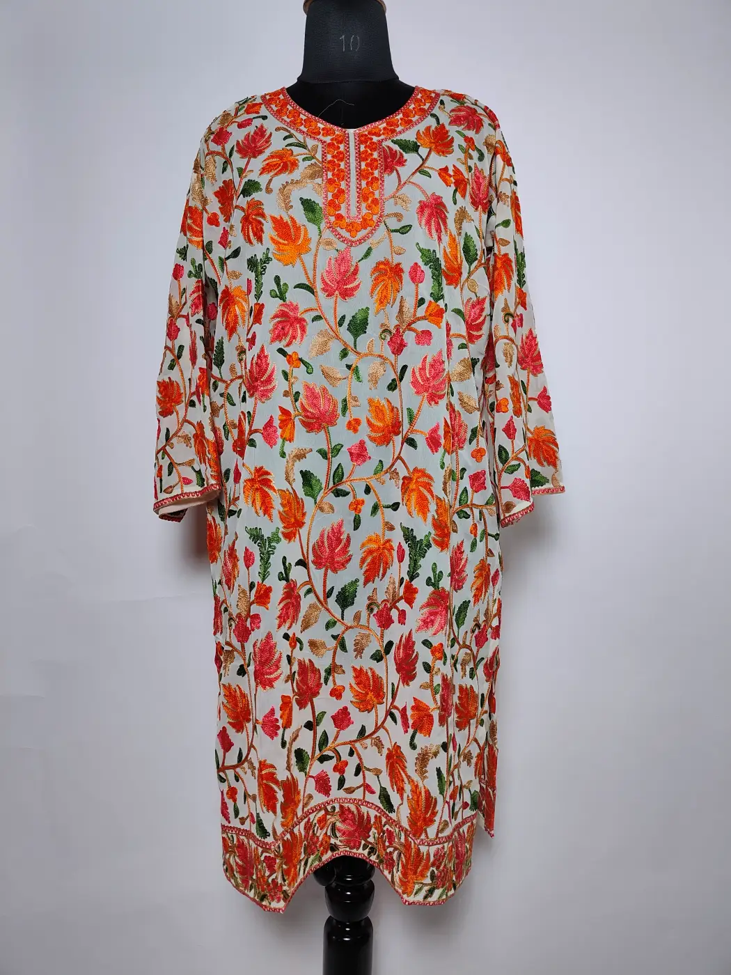 Kashmiri Long Kurti in White Georgette with Chinari Aari Embroidery