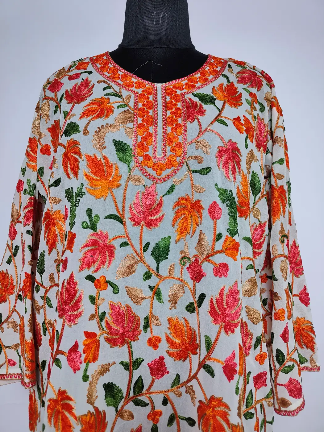 Kashmiri Long Kurti in White Georgette with Chinari Aari Embroidery - Image 2