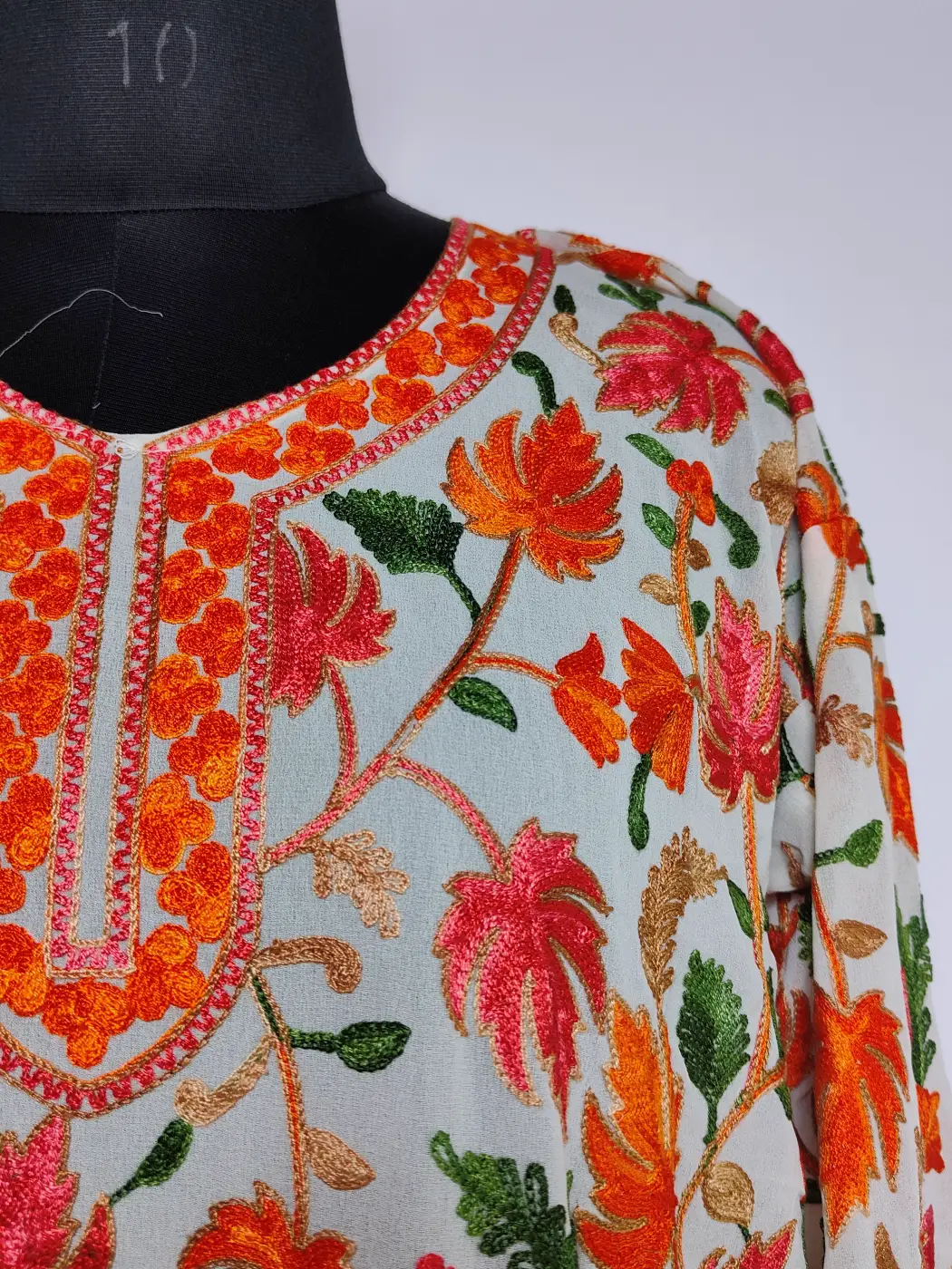 Kashmiri Long Kurti in White Georgette with Chinari Aari Embroidery - Image 3