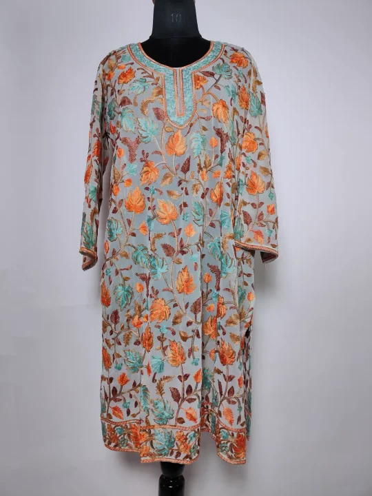 Gulrez Kashmiri Long Kurti in Light Grey Georgette with Chinari Aari Embroidery