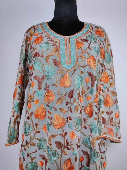 Gulrez Kashmiri Long Kurti in Light Grey Georgette with Chinari Aari Embroidery