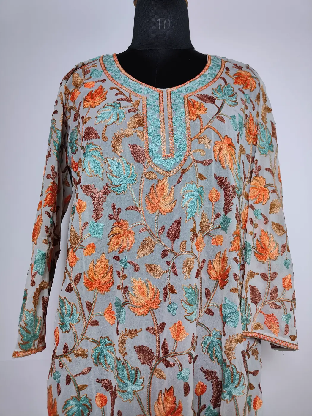 Gulrez Kashmiri Long Kurti in Light Grey Georgette with Chinari Aari Embroidery