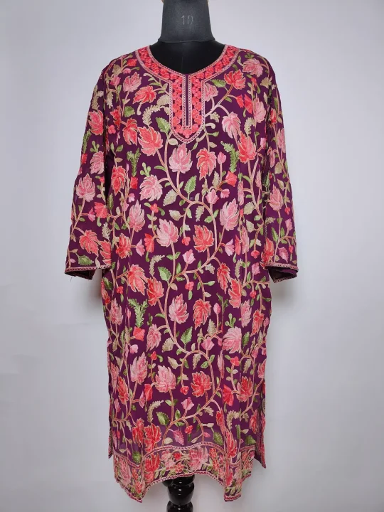 Kashmiri Purple Long Kurti Georgette with Chinari Aari Embroidery