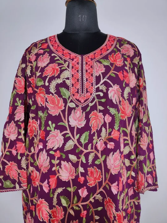 Kashmiri Purple Long Kurti Georgette with Chinari Aari Embroidery
