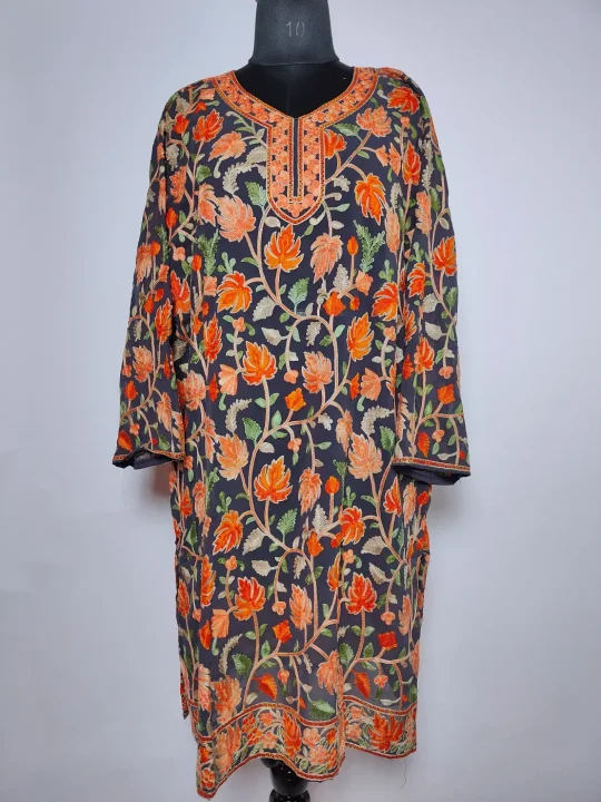 Midnight Blue Kashmiri Long Kurti in Georgette with Zarbaft Chinari Aari Embroidery