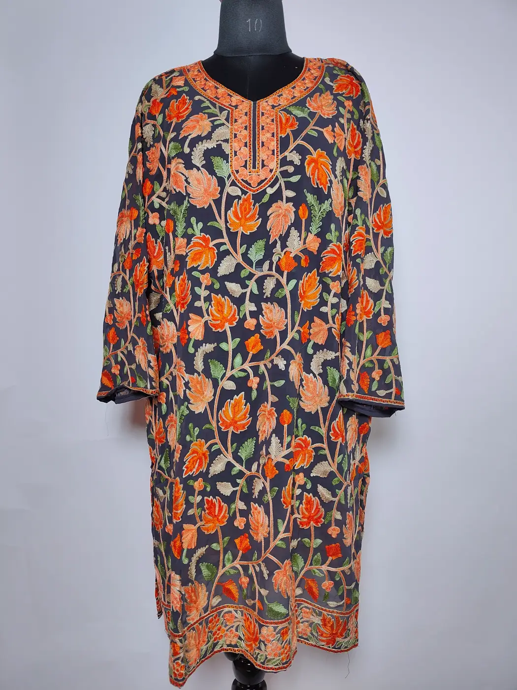 Midnight Blue Kashmiri Long Kurti in Georgette with Zarbaft Chinari Aari Embroidery