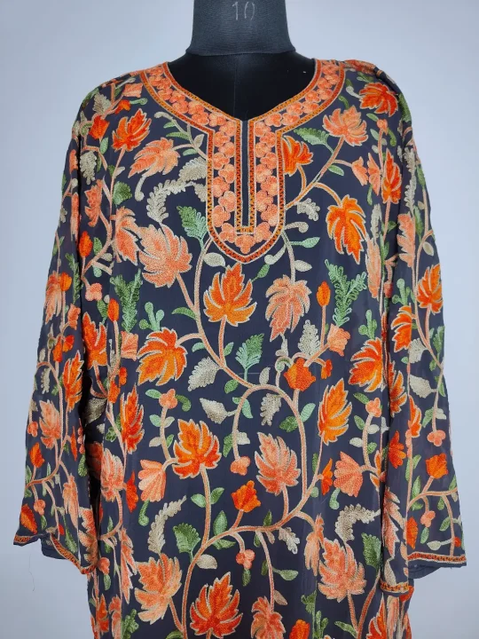 Midnight Blue Kashmiri Long Kurti in Georgette with Zarbaft Chinari Aari Embroidery