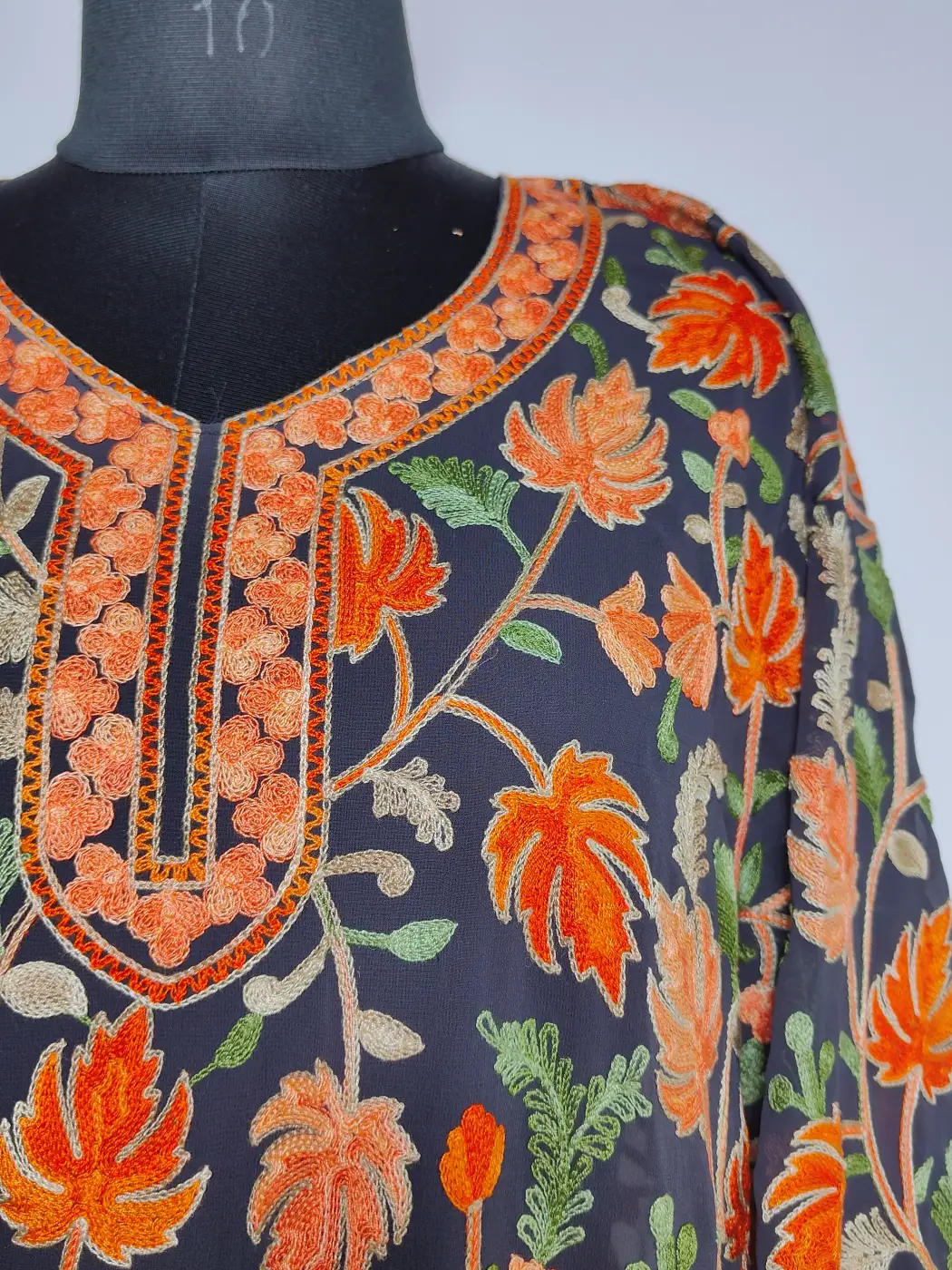 Midnight Blue Kashmiri Long Kurti in Georgette with Zarbaft Chinari Aari Embroidery