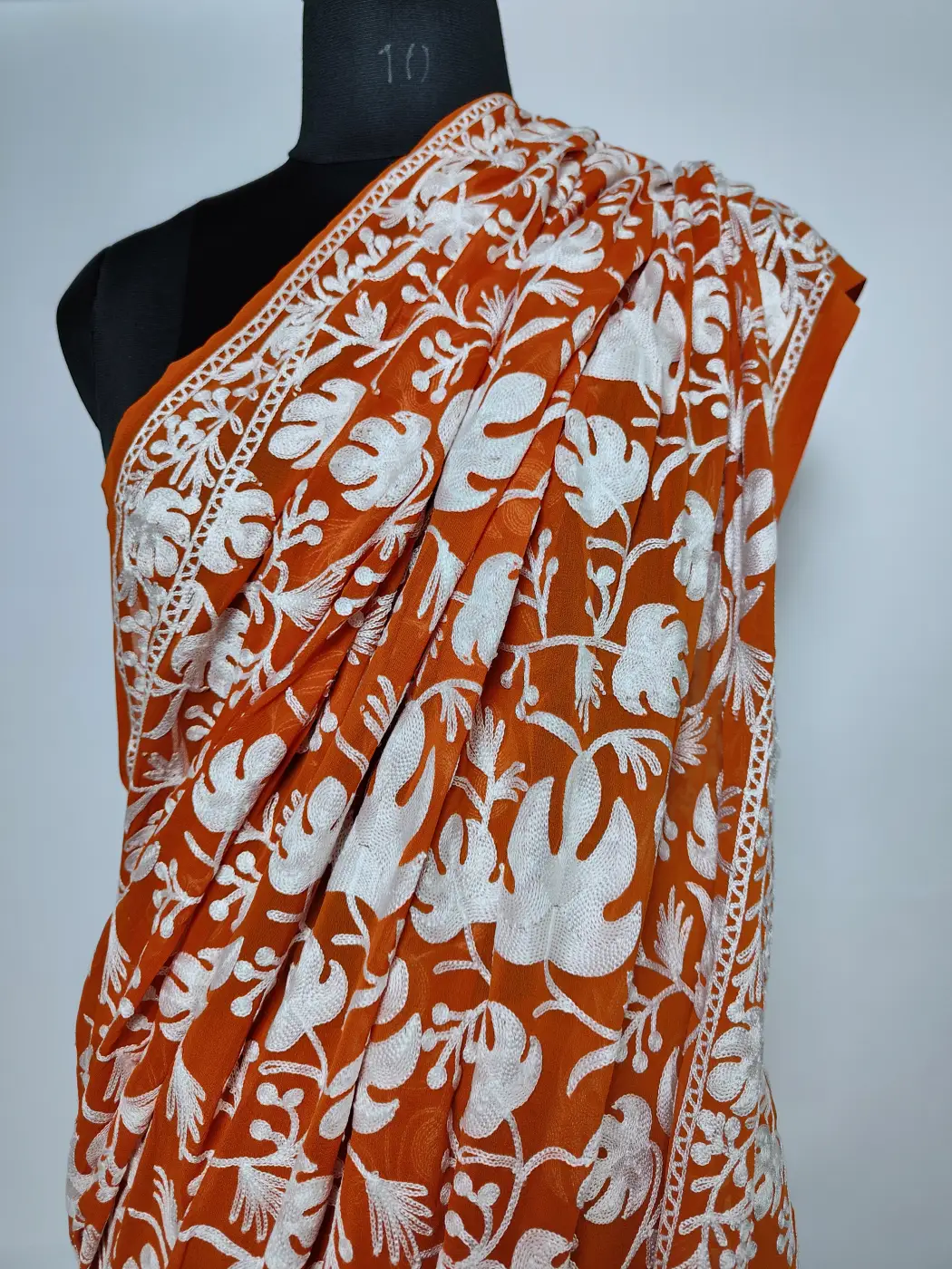 Kashmiri Mustard Chinar Saree in Faux Georgette with Aari Embroidery - Image 3