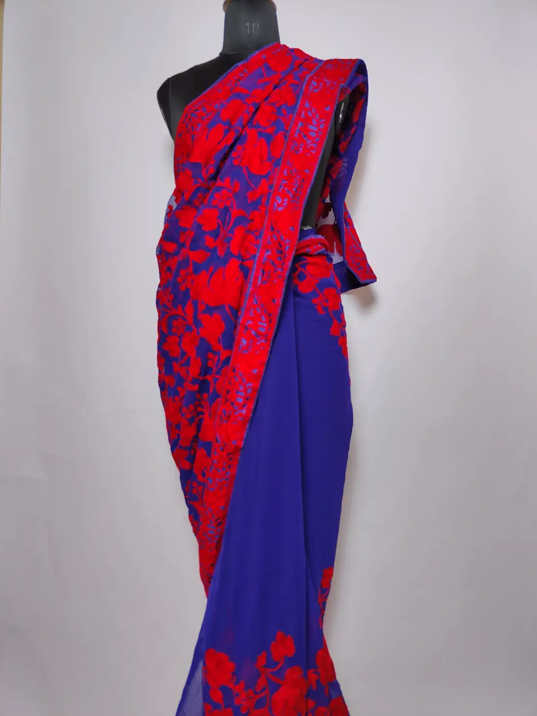 Blue Kashmiri Chinar Saree in Faux Georgette with Aari Embroidery