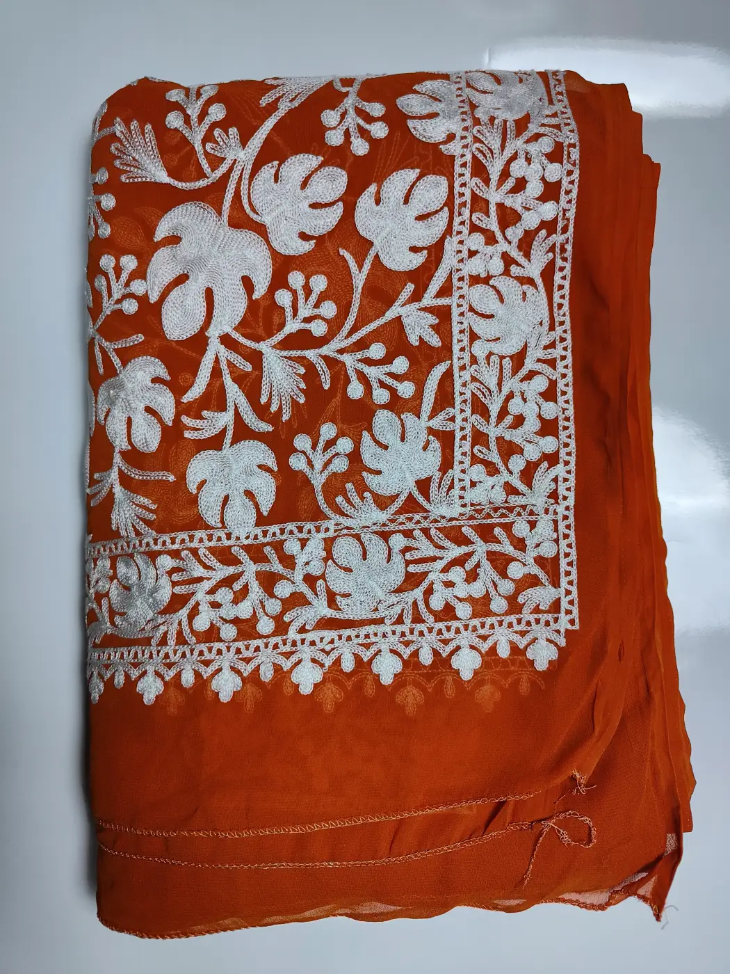 Kashmiri Mustard Chinar Saree in Faux Georgette with Aari Embroidery - Image 2