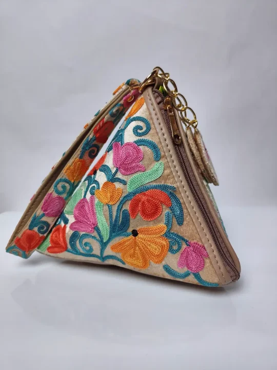 Gulposh Triangle Kashmiri Potli Bag in Beige with Aari Embroidery