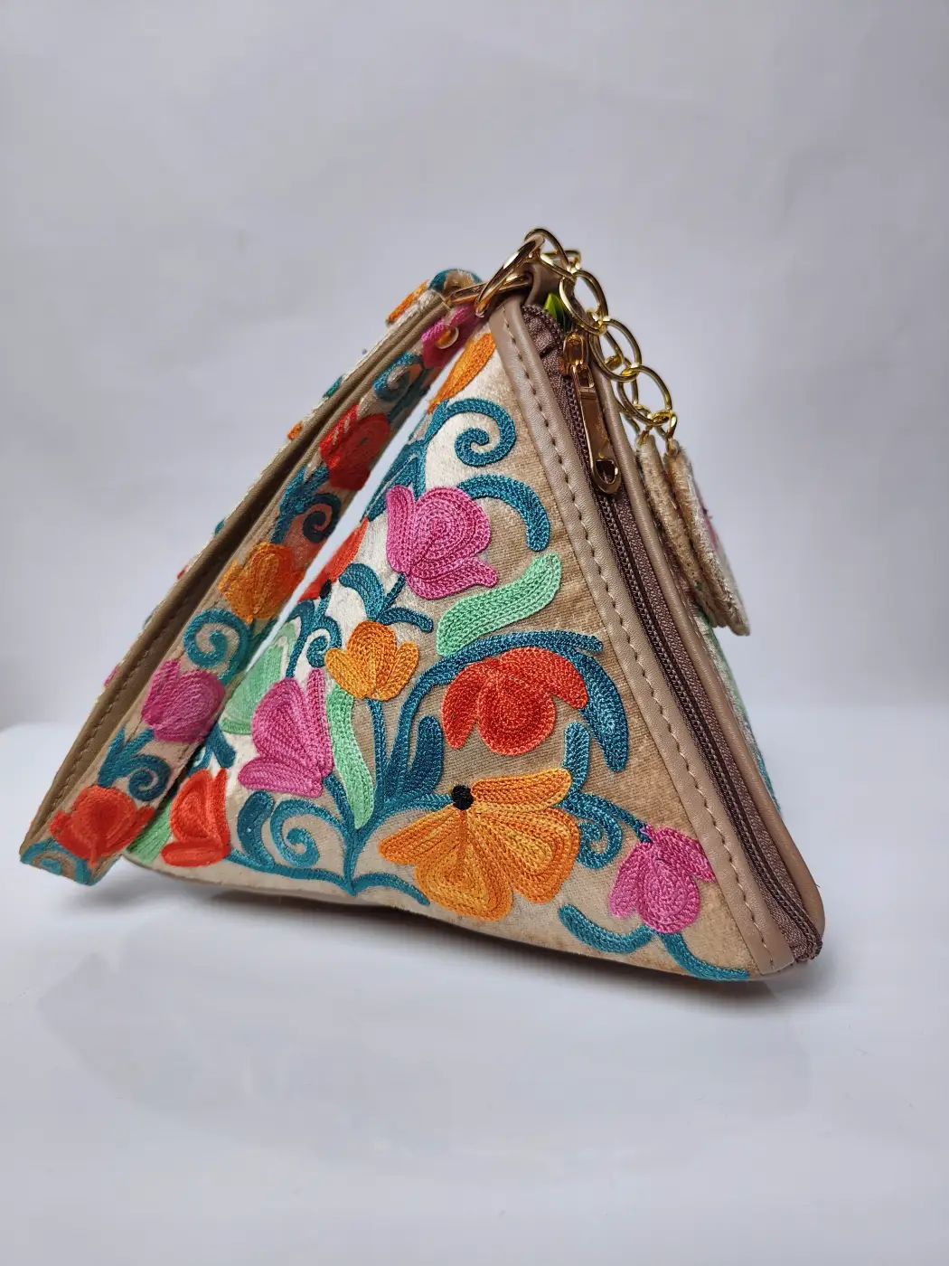 Gulposh Triangle Kashmiri Potli Bag in Beige with Aari Embroidery
