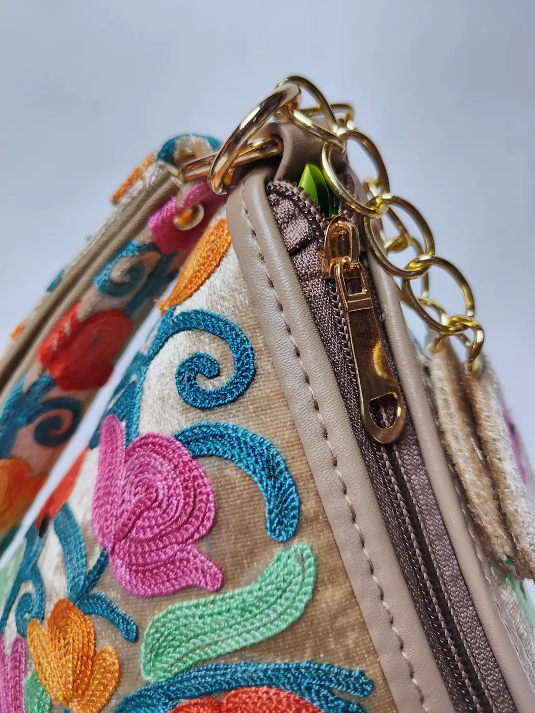 Gulposh Triangle Kashmiri Potli Bag in Beige with Aari Embroidery - Image 2
