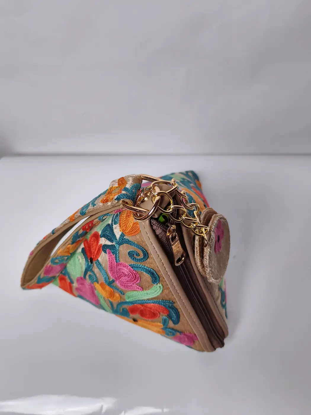 Gulposh Triangle Kashmiri Potli Bag in Beige with Aari Embroidery - Image 3