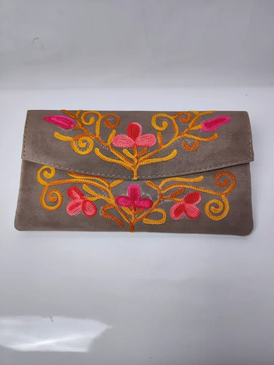 Mahjabeen Kashmiri Pouch Wallet in Brown with Aari Embroidery