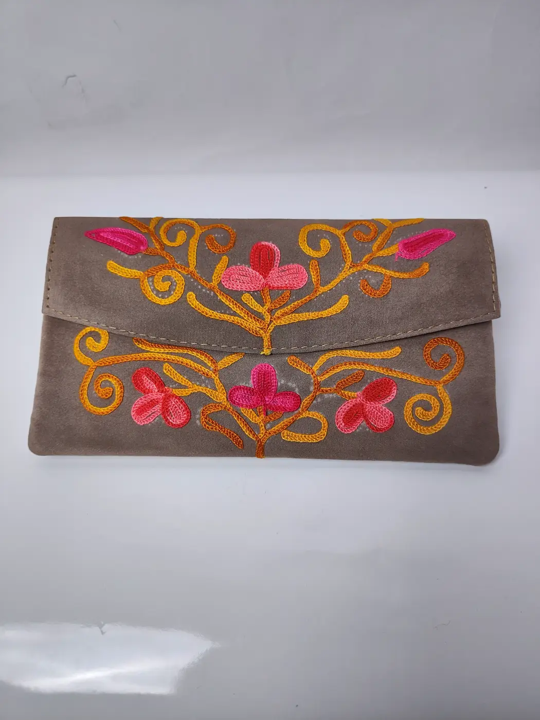 Mahjabeen Kashmiri Pouch Wallet in Brown with Aari Embroidery