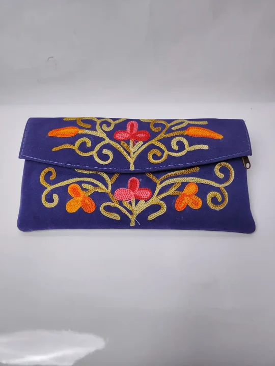 Dark Blue Kashmiri Pouch Wallet with Aari Embroidery