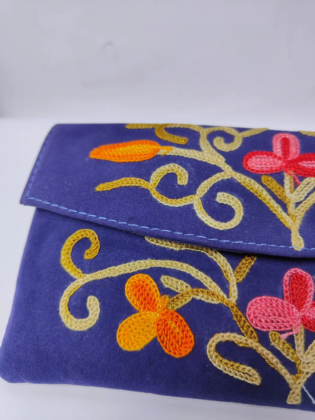 Dark Blue Kashmiri Pouch Wallet with Aari Embroidery - Image 2