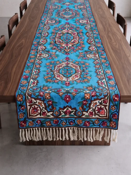 Kashmiri Table Runner in Blue Naaz with Elegant Hand Embroidery (10×2.5 ft)