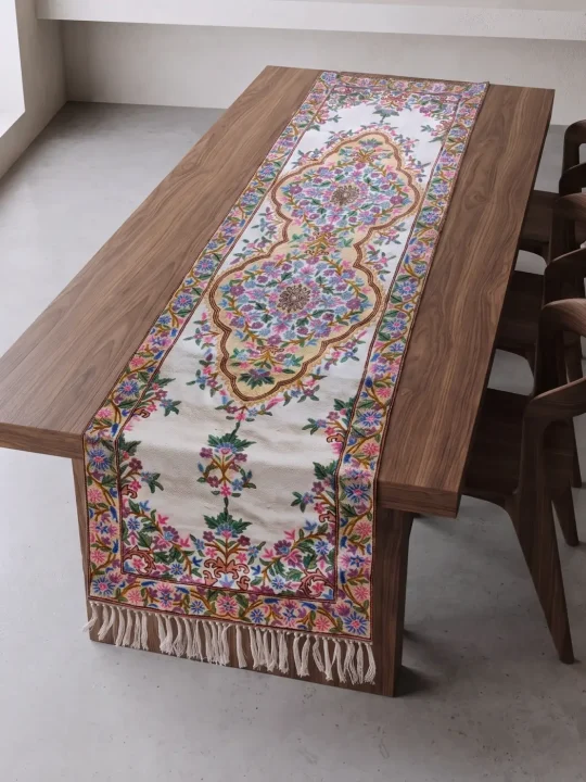 White Table Runner from Kashmir in with Elegant Hand Embroidery (8×2.5 ft)