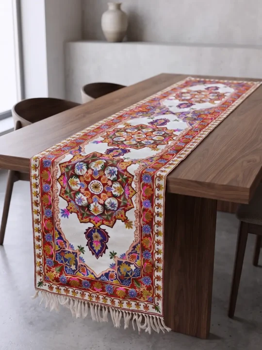 White Table Runner from Kashmir in with Elegant Hand Embroidery (8×2.5 ft)