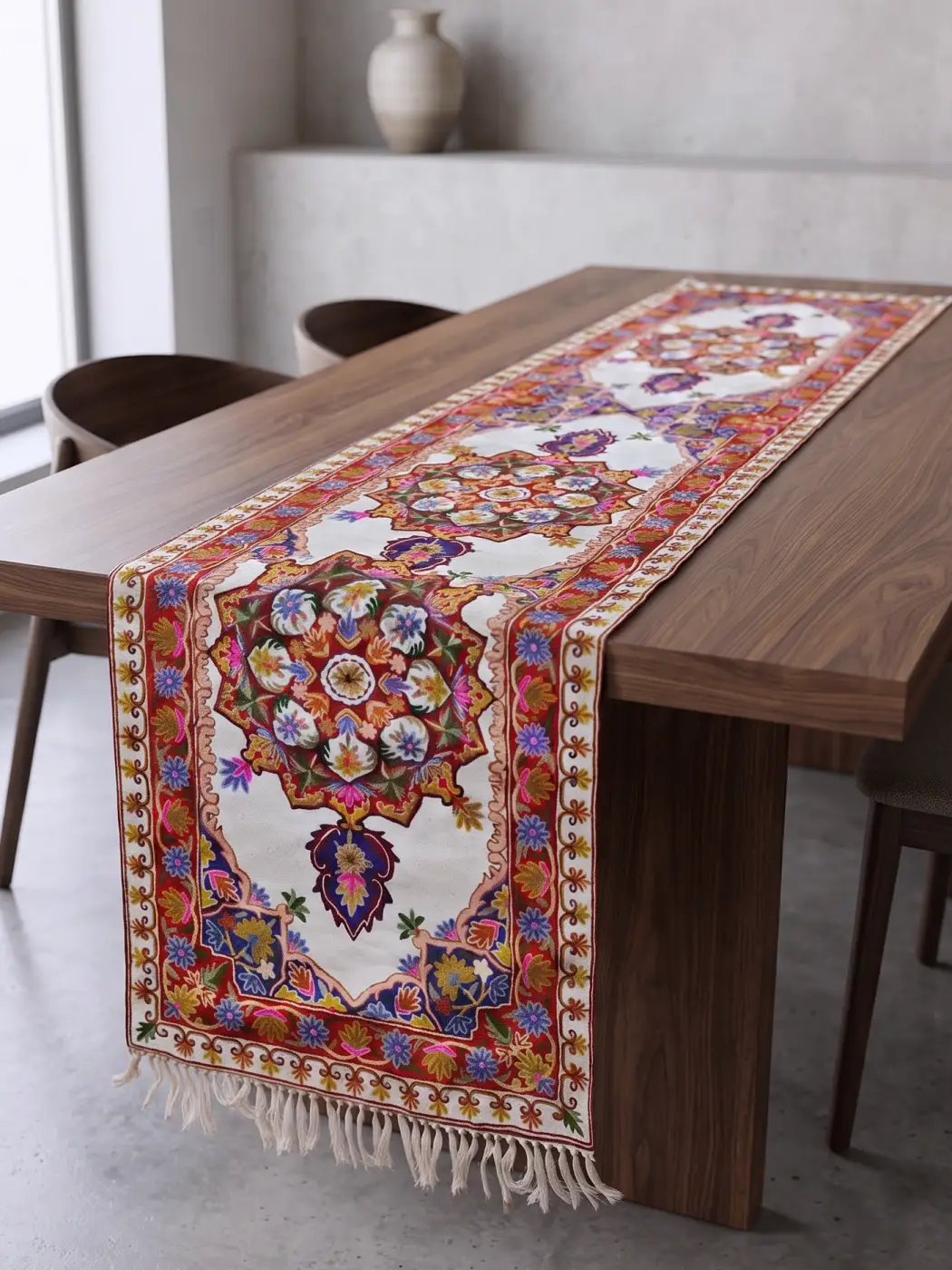 White Table Runner from Kashmir in with Elegant Hand Embroidery (8×2.5 ft)