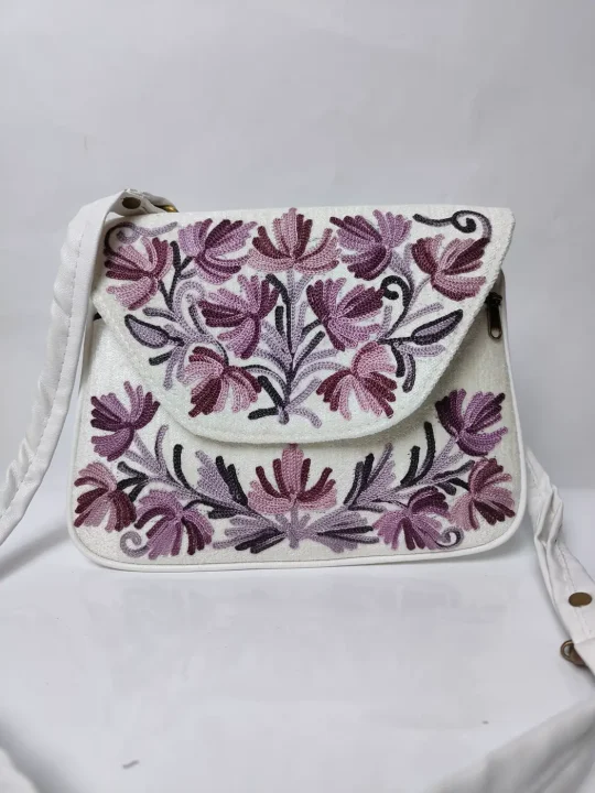 Gulnar White Kashmiri Mini Sling Bag with Aari Embroidery