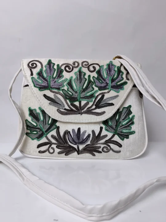 Mini Sling Bag from Kashmir in White with Chinari Aari Embroidery